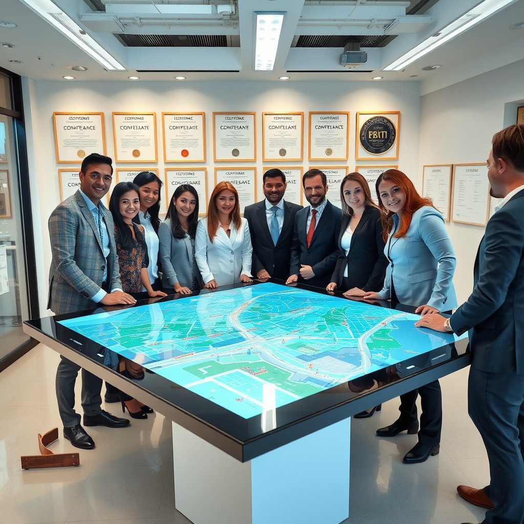 "A high-tech office environment featuring a diverse group of real estate professionals gathered around a large, sleek, digital touchscreen table. The screen displays an interactive map with various layers of compliance data highlighted, including zoning laws, environmental regulations, and property boundaries in an urban setting. The backdrop shows a clean, modern workspace with visible certificates and awards related to real estate excellence, conveying a message of trust, authority, and cutting-edge technology."