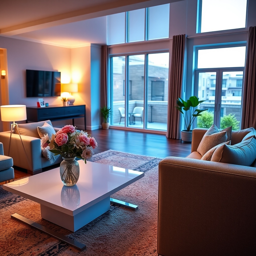 "A vibrant and inviting living room setup, meticulously arranged for an open house event, showcasing a modern, clean aesthetic. The room features a well-placed vase with fresh flowers on a sleek coffee table, plush seating arrangements, ambient lighting, and subtle decor touches that evoke warmth and sophistication. Large windows illuminate the space with natural light, enhancing the welcoming atmosphere. This scene portrays the ideal setting for a successful real estate open house geared towards impressing potential buyers in 2025."