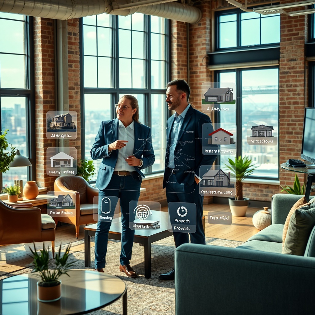 "Visualize a bustling real estate brokerage office that embodies a blend of tradition and modern tech. In the center, a confident independent broker discusses properties with a client, pointing to a digital display featuring dynamic, high-tech maps and real estate analytics. The office is spacious, with exposed brick walls and contemporary furniture. Large windows fill the space with natural light, overlooking a vibrant cityscape. The digital display shows various properties highlighted with tech icons representing advanced features like AI analytics, virtual tours, and instant property evaluations, indicating the tech boost in real estate."