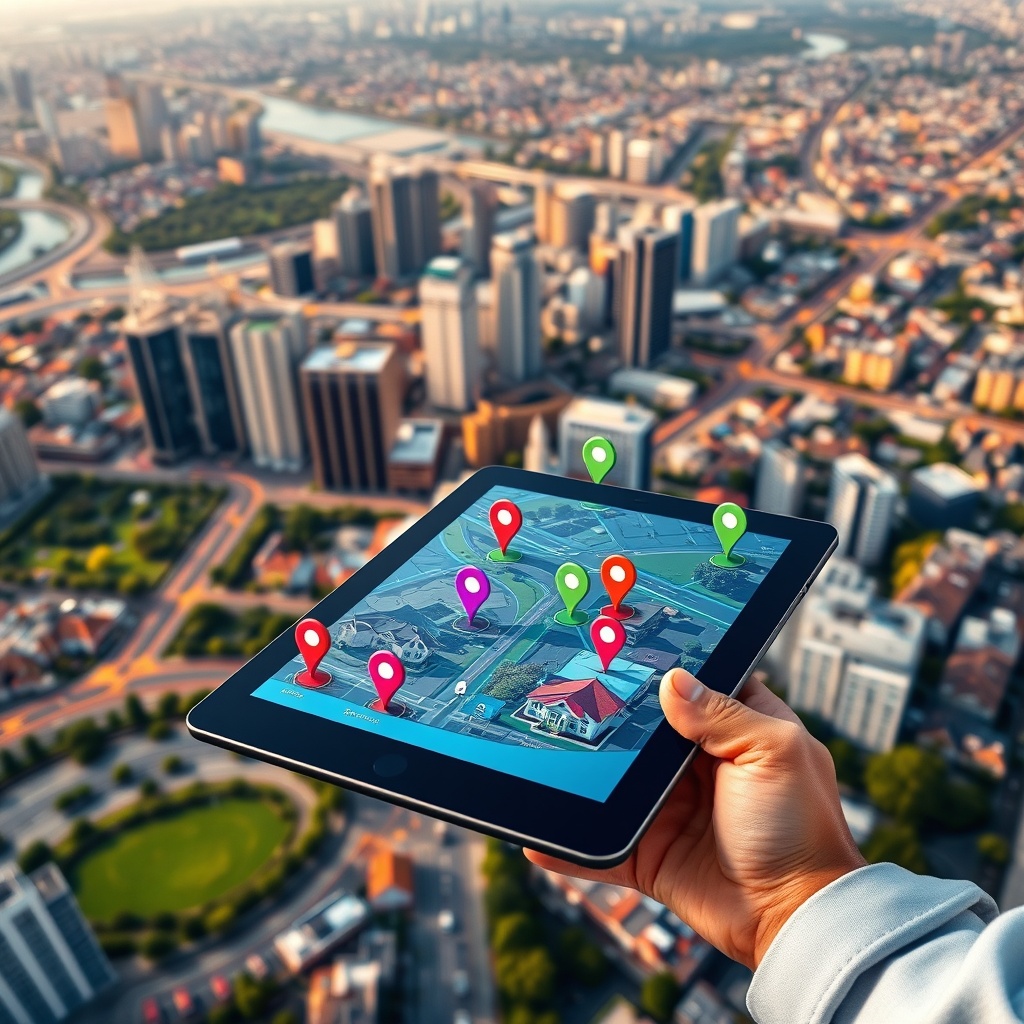 "A high-resolution, dynamic image showcasing a vibrant cityscape from an aerial view, integrating digital overlays of location data points such as public transportation routes, green parks, and diverse residential areas. In the foreground, a sleek, modern tablet displays an interactive real estate application where properties highlighted for sales resilience are marked with vibrant, colorful icons. The atmosphere conveys a blend of technology and urban living, catering to a professional tone aimed at real estate investors and agents."