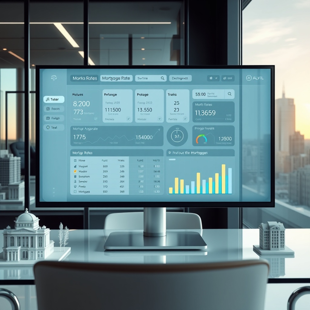 "A high-tech, sleek scene inside a modern real estate office, showing a large monitor displaying a sophisticated mortgage calculator application. The dashboard shows various mortgage rates, a mortgage approval process, and real-time statistics. Around the monitor, there are glimpses of aesthetically pleasing, minimalist office decor featuring architectural models and glass walls reflecting an urban skyline, conveying a sense of efficiency and advanced technology in the real estate industry. This image is devoid of any text, focusing purely on the visual representation of cutting-edge mortgage technology in a professional setting."