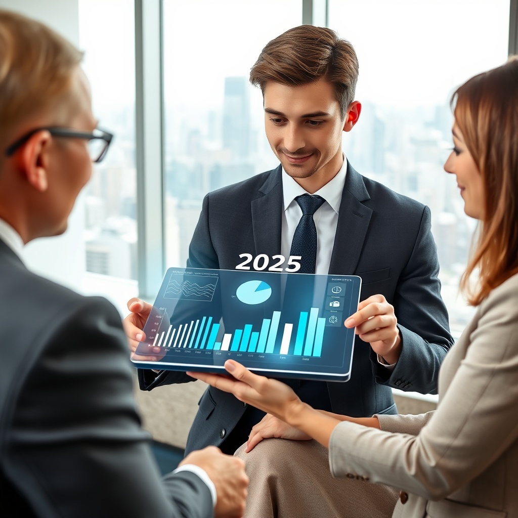 "An elegant office setting featuring a young, confident real estate professional discussing flexible loan terms with a client using a futuristic, transparent digital tablet. The tablet displays interactive graphs and trend forecasts for 2025, subtly incorporating symbols of technology like microchips and digital waves. The background shows a sleek, minimalistic office with large windows that overlook a bustling cityscape, symbolizing opportunity and growth in real estate investment."
