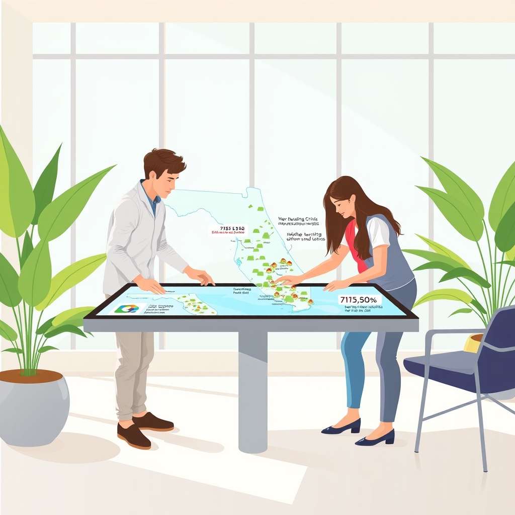 "A clean and modern illustration showing a young couple using a large interactive digital table in a spacious, sunny real estate office. The table displays a dynamic map of Florida highlighting areas affected by the housing crisis with overlaid graphics showing statistics and affordable housing solutions, like new housing developments and financial aids. The office is stylish with green plants and large windows, symbolizing hope and innovation in addressing affordability challenges."