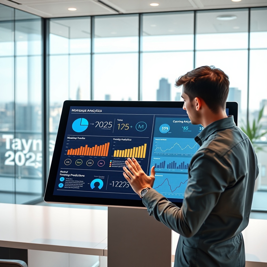 "A sleek, contemporary workspace featuring a young professional working on an advanced touchscreen display. The screen shows a dynamic digital dashboard for mortgage analytics, with interactive charts and graphs that illustrate market trends and predictions for 2025. In the background, the office is minimalist with glass walls and view of a city skyline, symbolizing forward-thinking and growth in the mortgage industry. The atmosphere is bright and tech-oriented, perfectly suited for financial professionals and tech-savvy users."