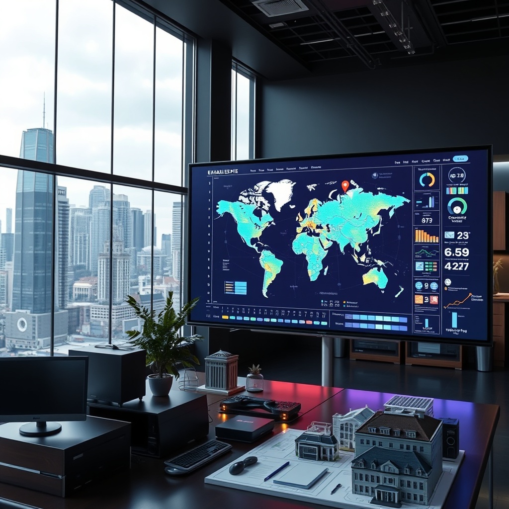 "A modern office environment with a large, sleek digital screen showcasing an advanced real estate analytics platform. The screen displays a vibrant, high-resolution map pinpointed with various real estate properties highlighted through glowing markers. Surrounding the screen are high-tech gadgets and architectural models, reflecting a blend of technology and real estate expertise. The office is stylish, with large windows that overlook a bustling cityscape, emphasizing a sense of cutting-edge urban development and innovation."
