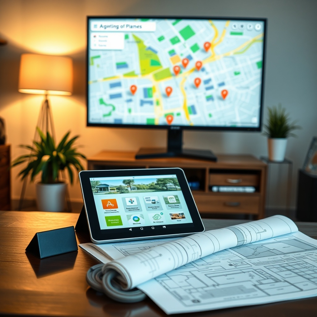 "A contemporary home office setting featuring a large monitor displaying an interactive map interface. The map showcases a suburban area with icons indicating amenities crucial for aging in place, such as healthcare facilities, pharmacies, parks, and grocery stores. In the foreground, a tablet and architectural plans reflect modifications for accessibility within homes, symbolizing integration of tech and traditional housing solutions for the elderly. The image is well-lit with a warm and inviting atmosphere to suggest comfort and assurance in real estate planning for senior living."