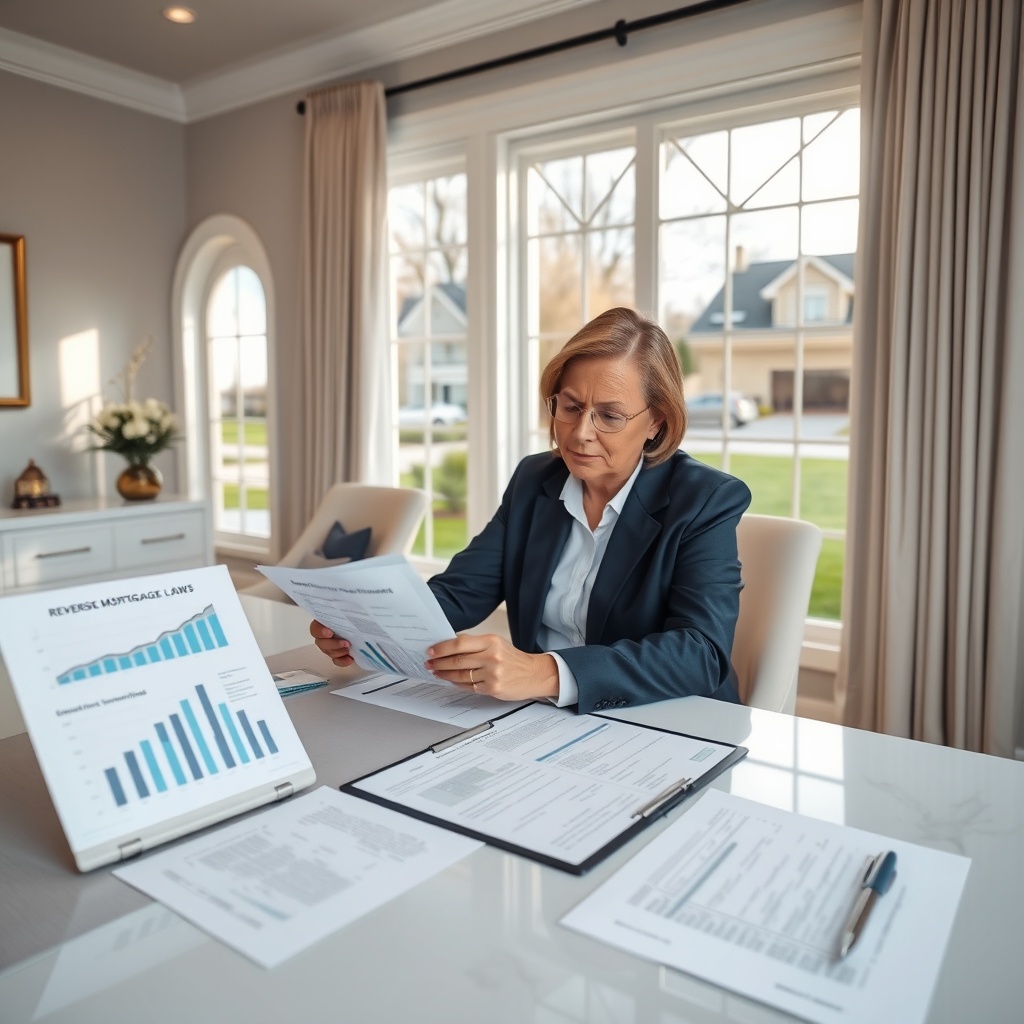 "A serene and professional home office, featuring a real estate agent reviewing detailed documents concerning reverse mortgage laws. The office is elegantly furnished, with a large desk, a modern laptop open with graphs showing market trends, and legal documents neatly arranged. In the background, a bright window overlooks a peaceful suburban neighborhood, symbolizing stability and security. The scene conveys a sense of trustworthiness and expertise in the real estate business."