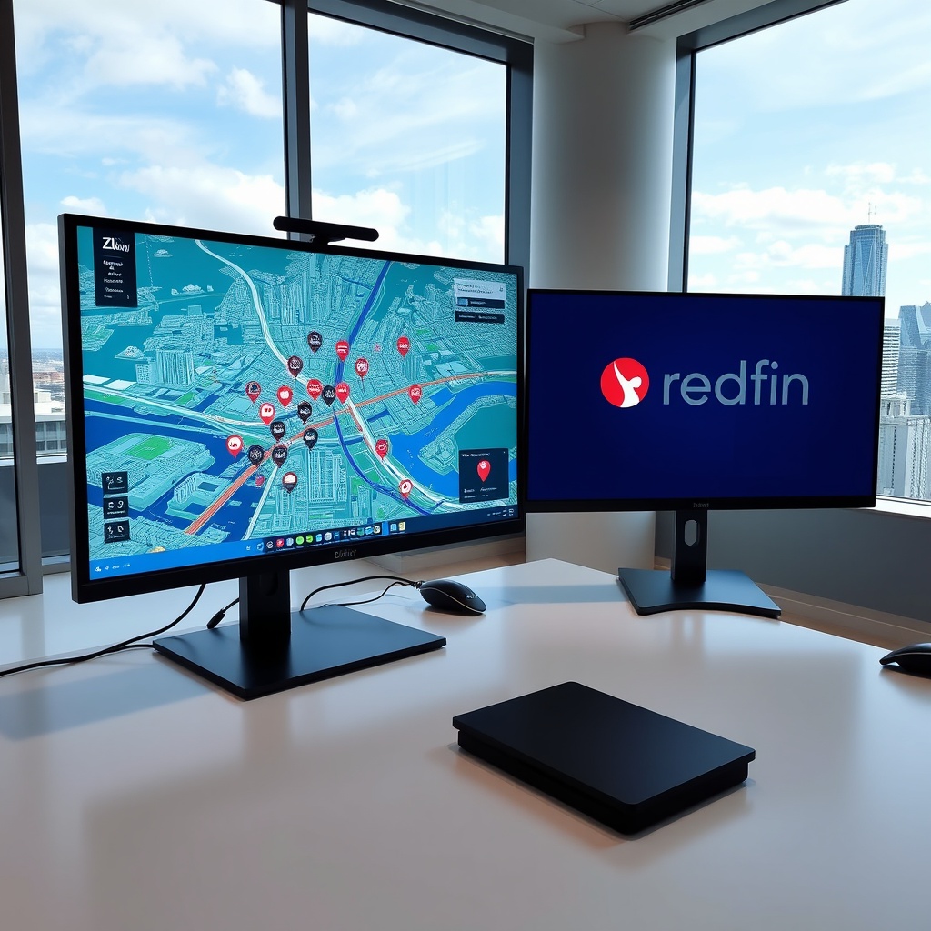 "A sleek and sophisticated workspace featuring two large monitors side by side. On one screen, display a vibrant, interactive map showcasing a bustling metropolitan area with dynamic property markers and icons for various amenities like schools and transit stops. The other screen shows a collaborative digital platform with the Zillow and Redfin logos integrated, indicating a partnership. The environment reflects a high-tech office with minimalist decor and panoramic windows overlooking a city skyline, embodying the cutting-edge transformation in real estate."