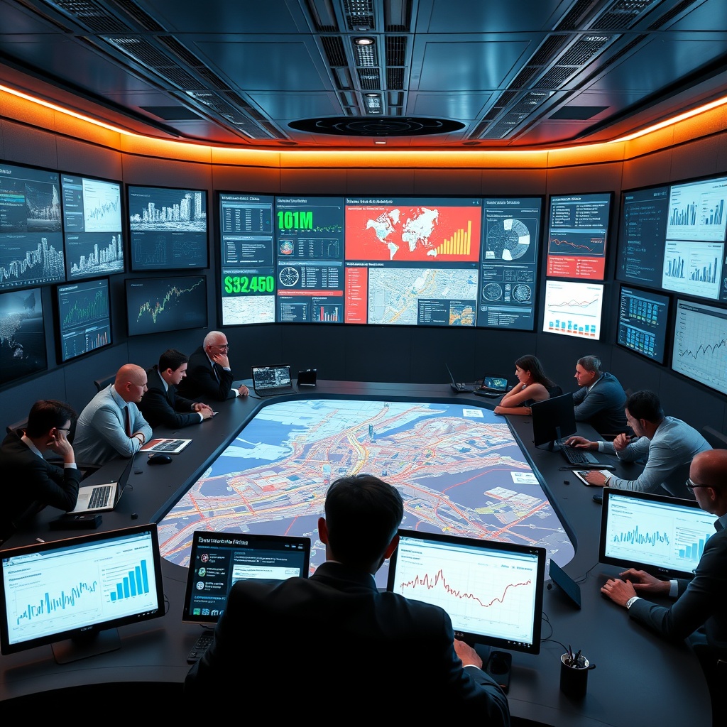 "A sleek, high-tech war room filled with real estate professionals and policymakers leaning over glowing screens displaying advanced analytics. The central focus is a large, interactive display showing a dynamic map with fluctuating market data, zoning changes, and tech-driven property evaluations, surrounded by smaller screens with graphs and demographic statistics. The atmosphere is charged with a sense of urgency and strategy, capturing a blend of technology and policy shaping the future of real estate."