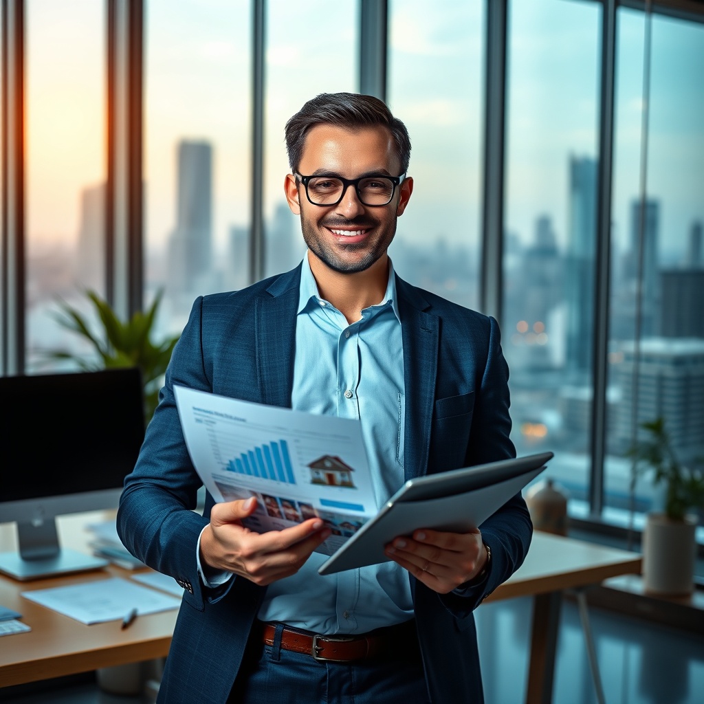 "A realistic image of a confident new loan officer standing in a modern real estate office, consulting financial documents and digital mortgage applications on a sleek, high-tech digital tablet. The background should feature a well-lit office space with financial charts, property photos, and a bustling city view through large windows, symbolizing opportunity and success in the real estate industry."