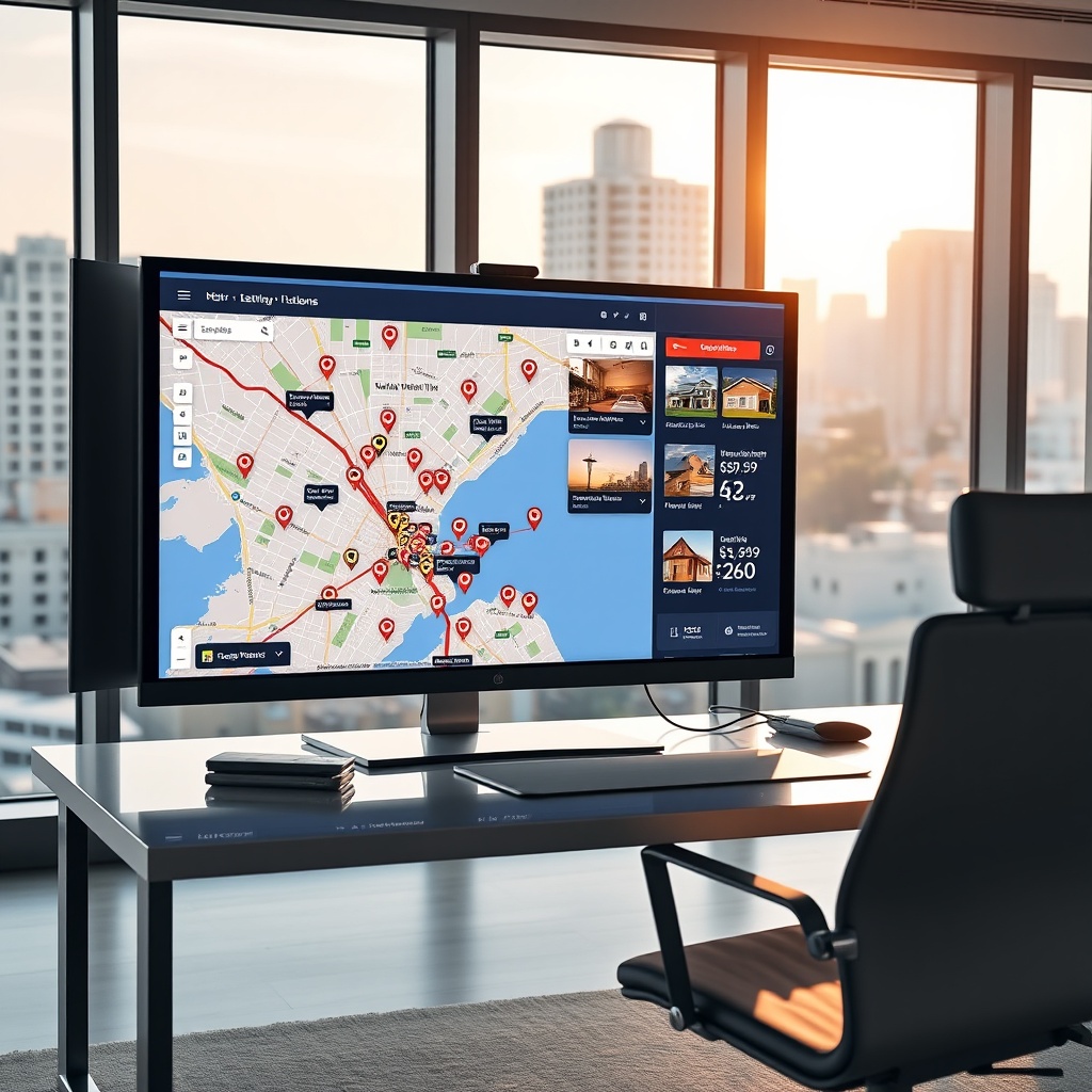 "A modern real estate agent's office with a large, sleek monitor showcasing a vibrant real estate application. The screen displays a dynamic map peppered with various property listings, each amplified by icons representing low mortgage rates, important amenities like parks and schools, and demographic statistics. The office is stylish yet professional, featuring a minimalist desk with a high-quality chair, large windows with a sunny city view, enhancing the theme of opportunity in a buyer-friendly market. The atmosphere conveys a sense of savvy investment and strategic planning, appealing to proactive homebuyers and investors."