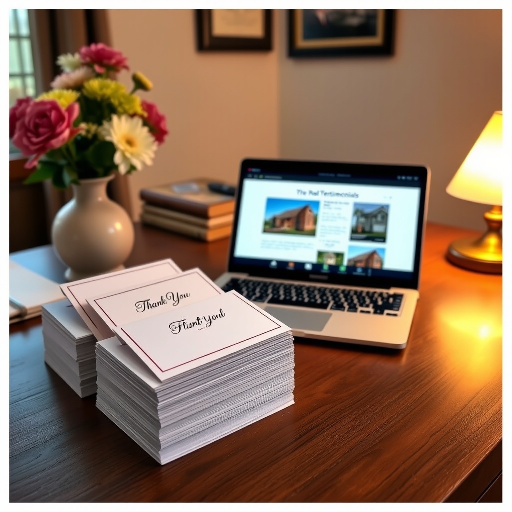 "A cozy, inviting workspace featuring a neatly organized desk with a stack of elegant, custom-designed 'Thank You' note cards and an open laptop showing client testimonials on a real estate website. The desk is adorned with a vase of fresh flowers adding a personal touch, and a warmly lit lamp casting a soft glow, symbolizing attention to detail and a personalized approach in real estate client relationships. The scene conveys a blend of traditional client management and modern online presence, appealing to conscientious real estate professionals who value personal connections."