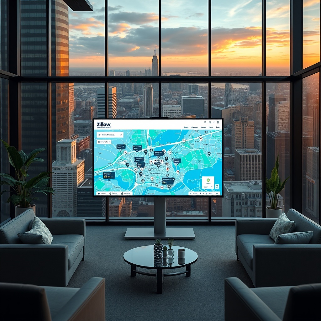 "A cutting-edge, tech-inspired workspace with a large, high-resolution monitor displaying Zillow's interactive real estate platform. The screen shows a dynamic map of a city, with various properties highlighted through sophisticated, glowing digital pins. Around this central focal point, you can observe a blend of urban and suburban backgrounds visible through the office's panoramic windows, symbolizing market diversity. The environment should feel modern and sleek, reflective of a high-tech industry leader, with minimalist furniture and touches of greenery to add vitality and calm."