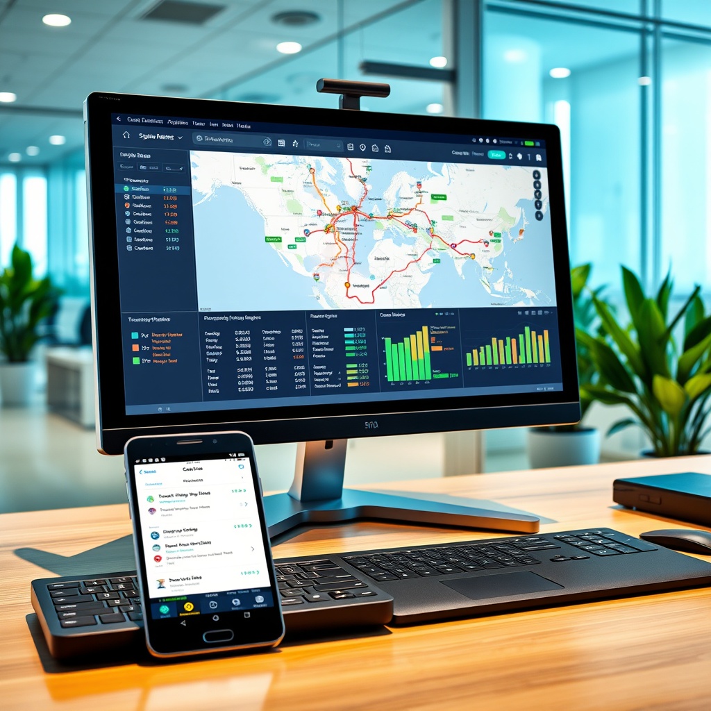 "A sleek and modern workspace featuring a large, high-resolution monitor displaying an advanced real estate analysis software. The screen shows a dynamic map pinpointed with various data layers indicating property values, demographic trends, and public transportation links. Beside the monitor, a smartphone displays alerts for real-time updates on market shifts. The background is a well-lit, stylish office with clear glass walls and green plants, emphasizing a blend of technology and sustainability in real estate business operations."