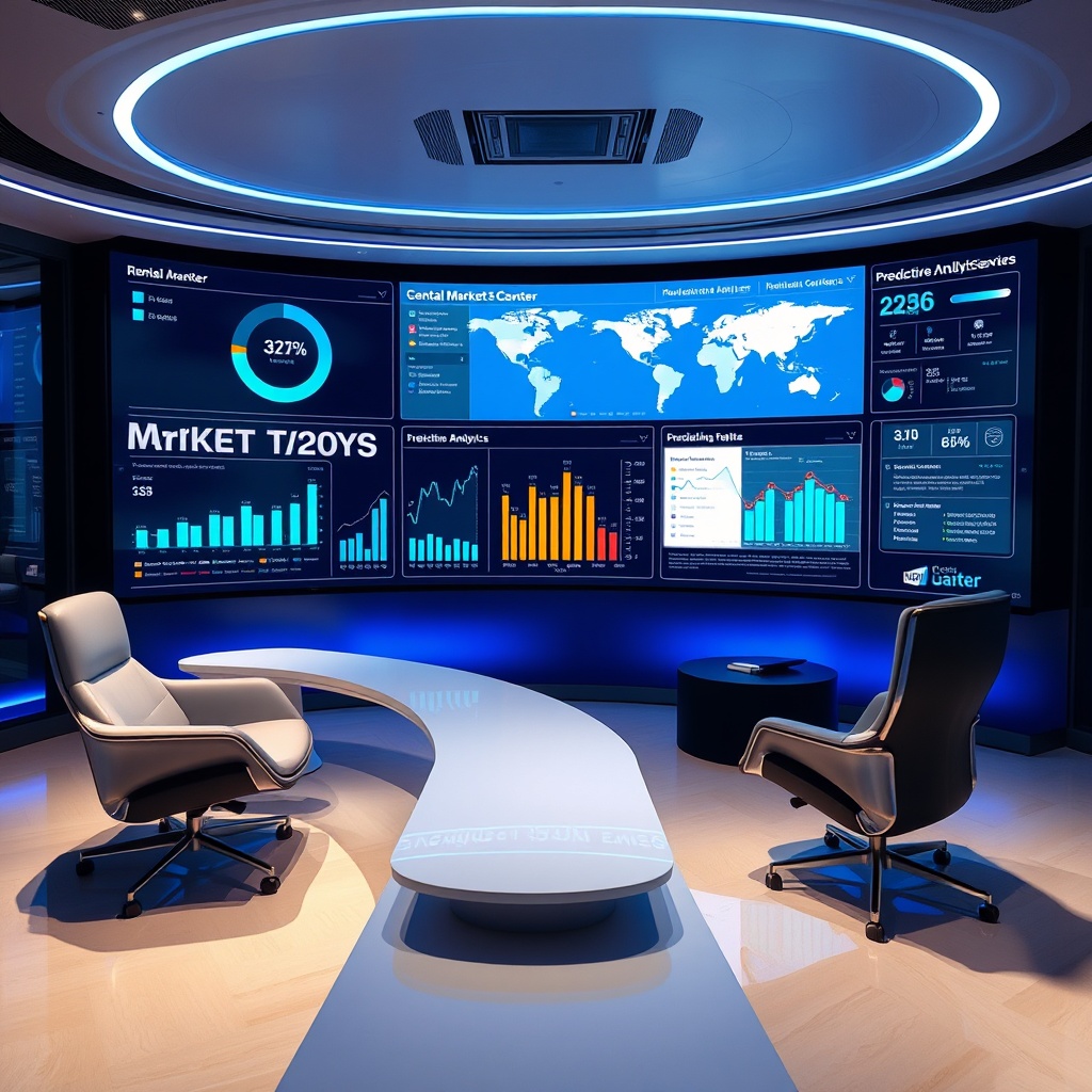 "A sleek, high-tech command center focused on rental market analytics, featuring a large, curved screen displaying interactive graphs and maps that demonstrate market trends and predictions for 2025. The scene is set in a futuristic office space with minimalist furniture and ambient blue lighting, reflecting a cutting-edge and innovative atmosphere. Visible on the screen are dynamic elements such as heat maps showing rental demand in various cities, pop-ups with statistical data on user behavior, and predictive analytics tools that offer real-time insights. This workspace suggests a professional environment tailored for forward-thinking real estate investors and property managers."