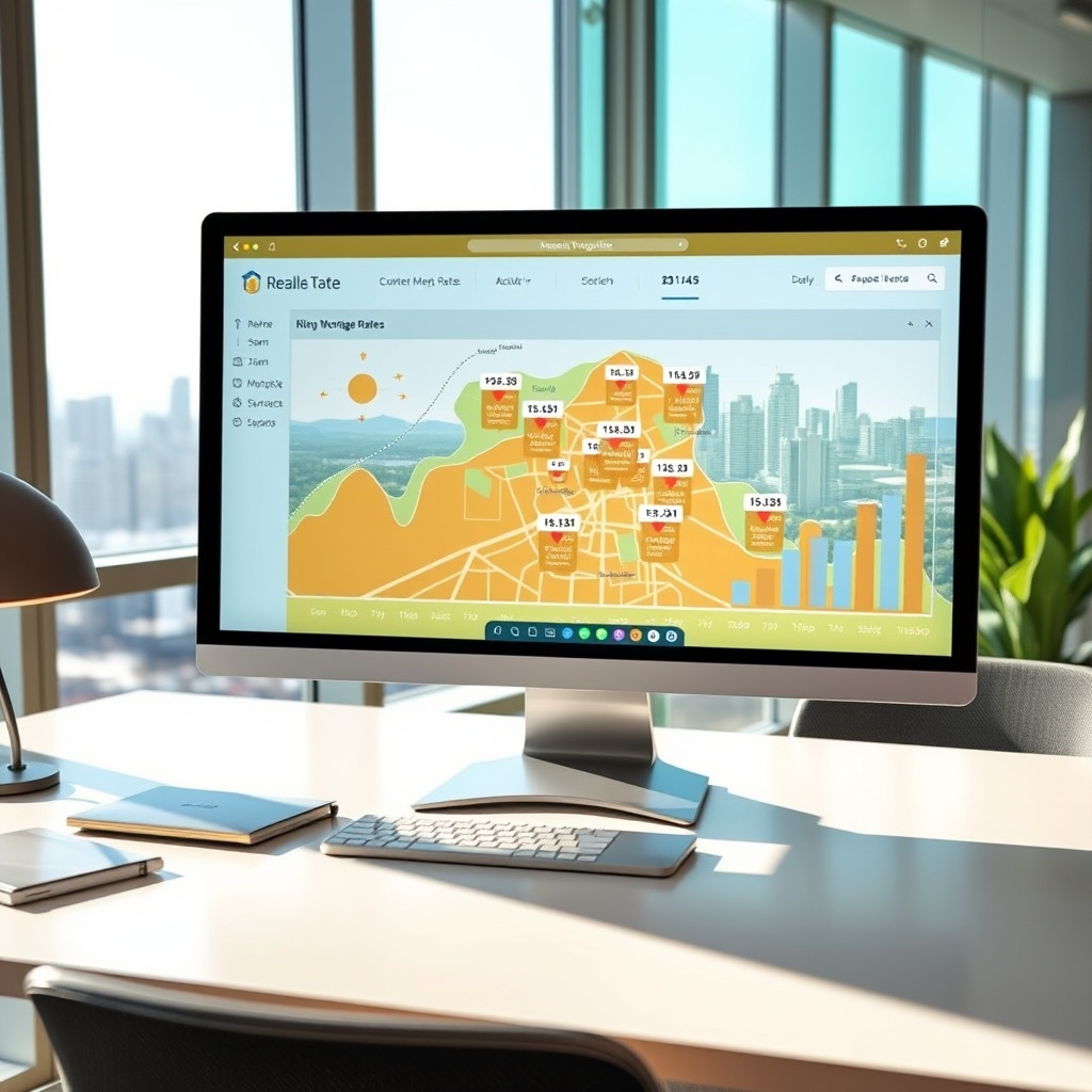 "A sleek, modern workspace featuring a large desktop monitor showcasing a dynamic real estate analytics tool. The screen displays a vibrant, interactive map centered on a residential area, with fluctuating graphs showing rising mortgage rates in various zones. Highlighted on the map are various icons representing properties, each tagged with current mortgage rates. The office setting reflects a professional yet inviting atmosphere with a clear, sunny window view showcasing a city skyline, emphasizing strategic and smart investment decisions in the real estate sector."