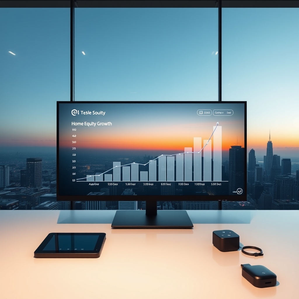 "A sleek and modern workspace featuring a large, ultra-high-definition monitor displaying a dynamic and interactive real estate application. The application visually represents home equity growth over time through elegant graphs and sliding scales. The backdrop shows a sophisticated city skyline transitioning from dawn to day, symbolizing progression and future. The foreground of the image includes a touch-sensitive tablet and smart home gadgets, underlining the theme of technological innovation in real estate. The overall scene embodies an ambiance of advanced, clean technology and professionalism, tailored to appeal to tech-savvy real estate investors and professionals."