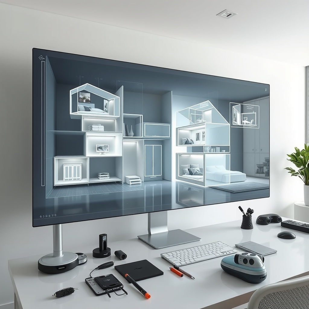 "A sleek, futuristic home office featuring a large, transparent touchscreen display showcasing advanced AI technology interfaces for home renovation. The screen displays interactive 3D models of a house, where walls and fixtures are digitally enhanced and modified in real-time. Around the desk, modern tools and gadgets related to home renovation are neatly arranged. The setting is bright and minimalist, reflecting cutting-edge technology and innovation."