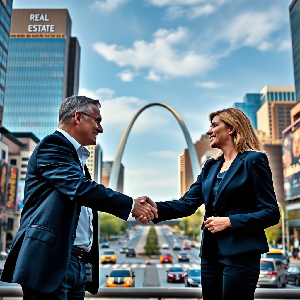 "A bustling urban scene in downtown St. Louis, showcasing a vibrant cityscape with prominent real estate developments. In the foreground, two professional figures, one male and one female, both dressed in business attire, are shaking hands, symbolizing a successful merger. The Gateway Arch is visible in the background, representing innovation and growth in the city. The scene conveys a sense of dynamic business activity and the promise of future real estate opportunities, reflecting professionalism and forward-thinking in the industry."
