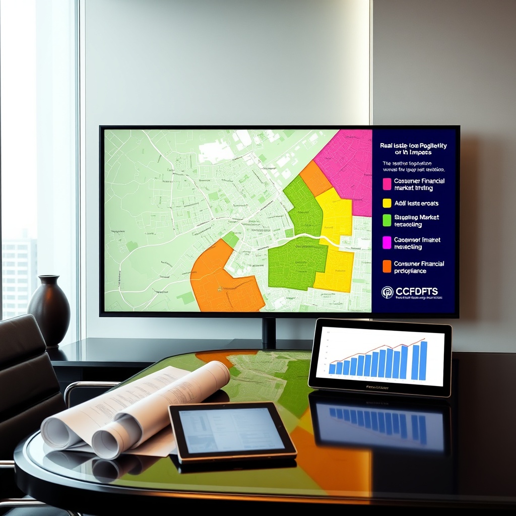 "A sleek, modern office setting showcasing a large, high-resolution monitor displaying a detailed map of a residential area. The map is populated with various colored zones indicating different regulatory impacts by the Consumer Financial Protection Bureau (CFPB). Nearby, an elegant desk holds architectural blueprints and a digital tablet showing a graph of real estate market growth trends. The scene conveys a professional atmosphere, emphasizing strategic planning and compliance in the real estate sector, tailored to attract industry professionals and stakeholders."