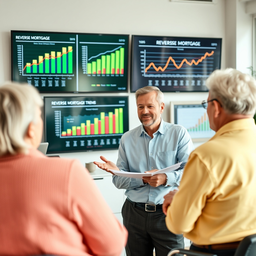 "A contemporary real estate office with a middle-aged, confident financial advisor explaining the concept of a reverse mortgage to a mature couple. The background features a bright, clean setting with large monitors displaying vibrant graphs and charts on reverse mortgage trends. The scene should convey trust, reliability, and innovation, with a focus on showing the couple visibly engaged and intrigued by the presentation."