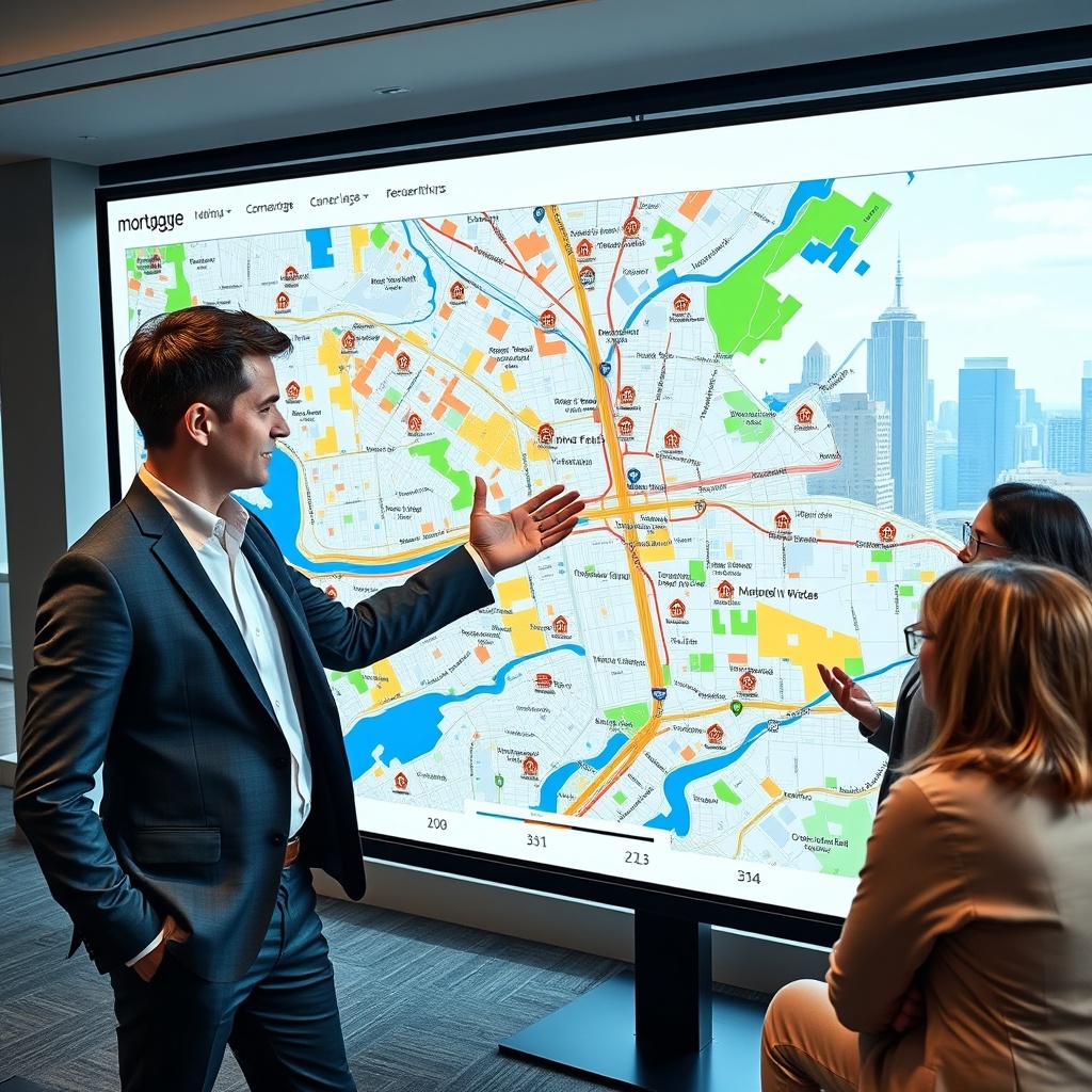"A dynamic office environment featuring a large digital display of an advanced geographic information system (GIS) map, used in mortgage and real estate analysis. The map is focused on urban residential areas, highlighting various types of location data like crime rates, property values, and demographic information, with colorful data layers and icons such as miniature houses and demographic symbols. Nearby, a professional real estate agent, a male in his 30s wearing a sharp suit, gestures towards the display while discussing with a diverse group of potential clients or colleagues. The office is sleek and modern, with large windows showing a vibrant cityscape outside, symbolizing opportunity and innovation in the mortgage industry."