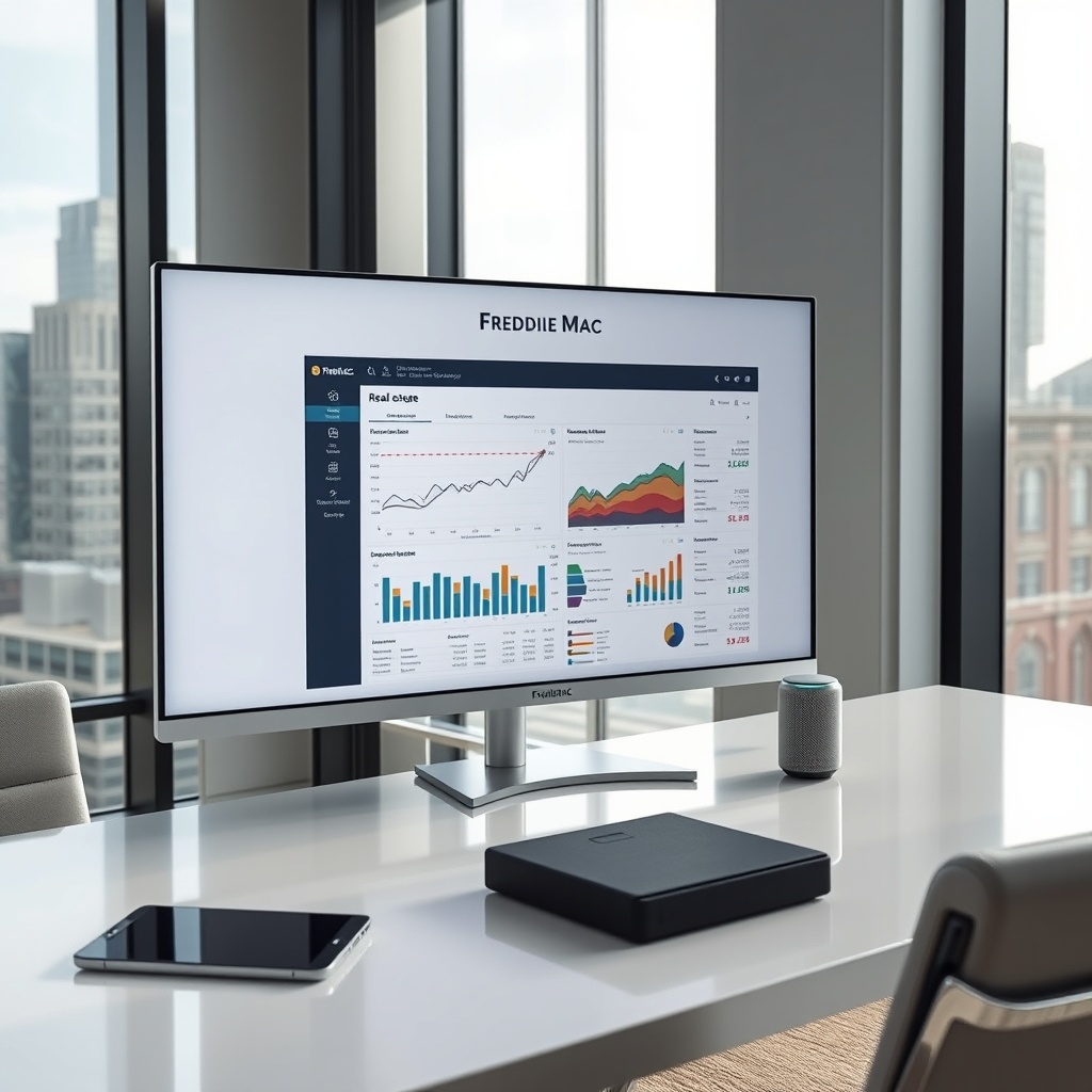 "A sleek, contemporary real estate office utilizing advanced Freddie Mac analysis software on a large, ultra-high-definition monitor. The screen shows an interactive real estate application with dynamic graphs and metrics illustrating market trends and investment opportunities. The office environment is stylish with minimalist furniture, large windows showing a cityscape, and a few high-tech gadgets on the desk, such as a digital tablet and smart speaker, emphasizing innovation and success in real estate."