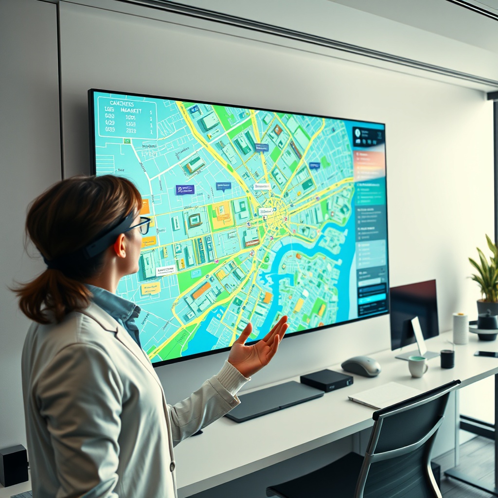 "A sleek, modern workspace featuring an oversized, high-resolution monitor displaying cutting-edge real estate software. The software interface shows a vibrant, interactive city map teeming with dynamic icons and data layers indicating market trends, demographic insights, and growth forecasts. In the foreground, a stylish, young professional interacts with the system using a futuristic, gesture-based interface. The office reflects a hub of innovation with minimalist decor and transparent technological gadgets, emphasizing a forward-thinking, tech-driven approach to real estate in 2025."