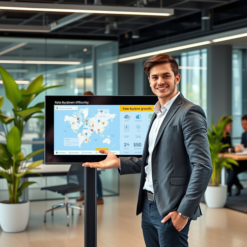 "A cutting-edge real estate office environment where a young, dynamic real estate agent is presenting a large digital touchscreen display. The screen shows a sophisticated interactive map with various properties highlighted and detailed information on rate buydown options visible through engaging infographics. Background elements include a sleek, modern workspace with glass walls, green plants for a touch of freshness, and other professionals engaged in strategizing. The overall atmosphere is upbeat and technologically advanced, emphasizing the theme of innovation in real estate growth."